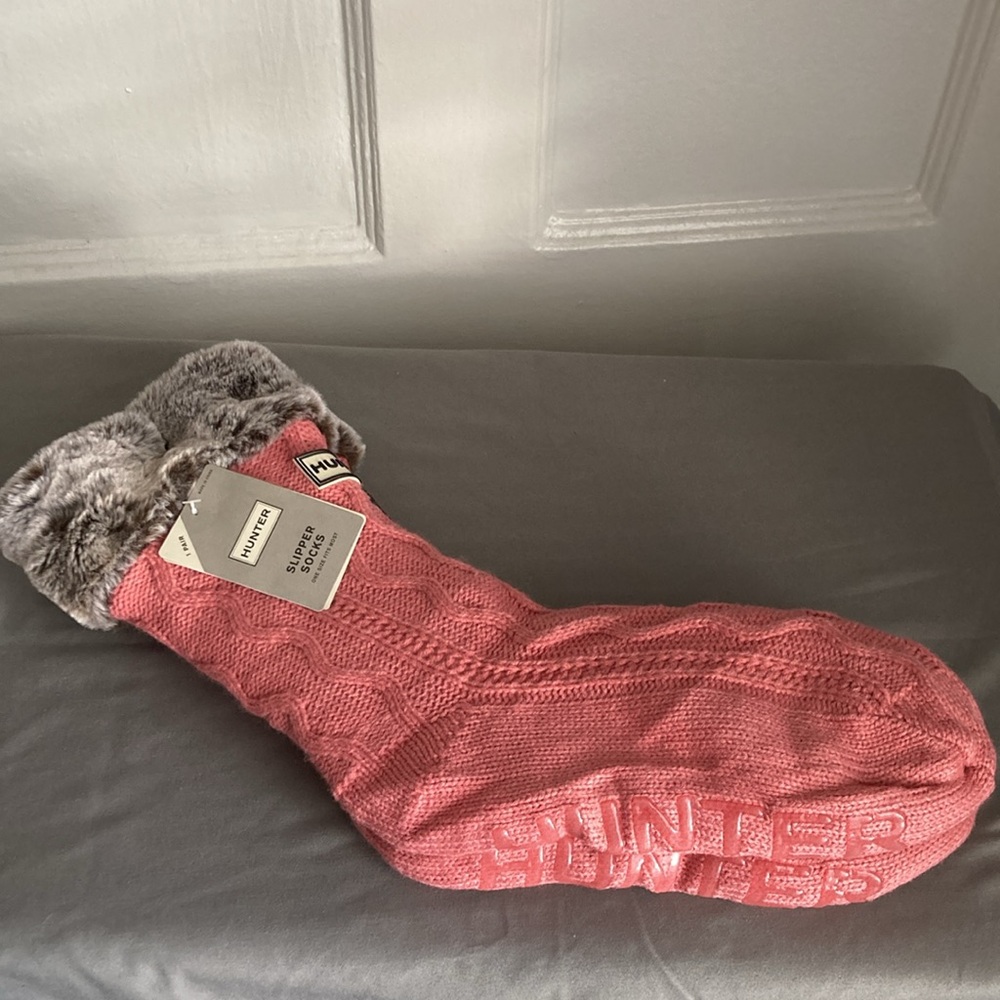 New HUNTER Slipper Socks Pink Faux Fur Knit Brown Gray One Size